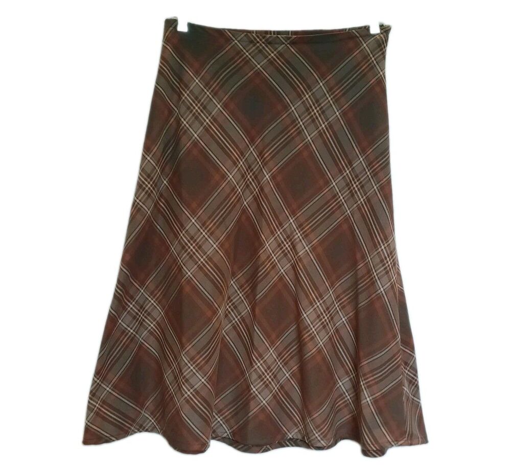 croft & barrow Fall Brown Plaid A-Line Midi Skirt with Cream Stripes